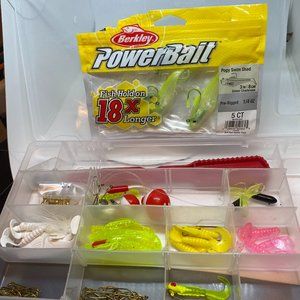 Small Fishing Tackle  box with gel worms and hooks , and Misc 12x6"